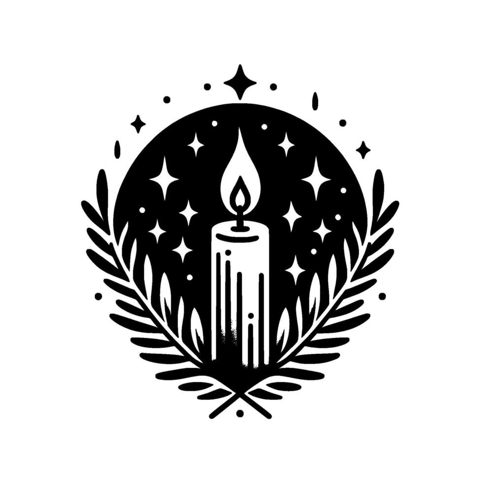 Stylized black and white illustration of a candle burning brightly within a celestial nightsky circle, framed by a leafy wreath. vector
