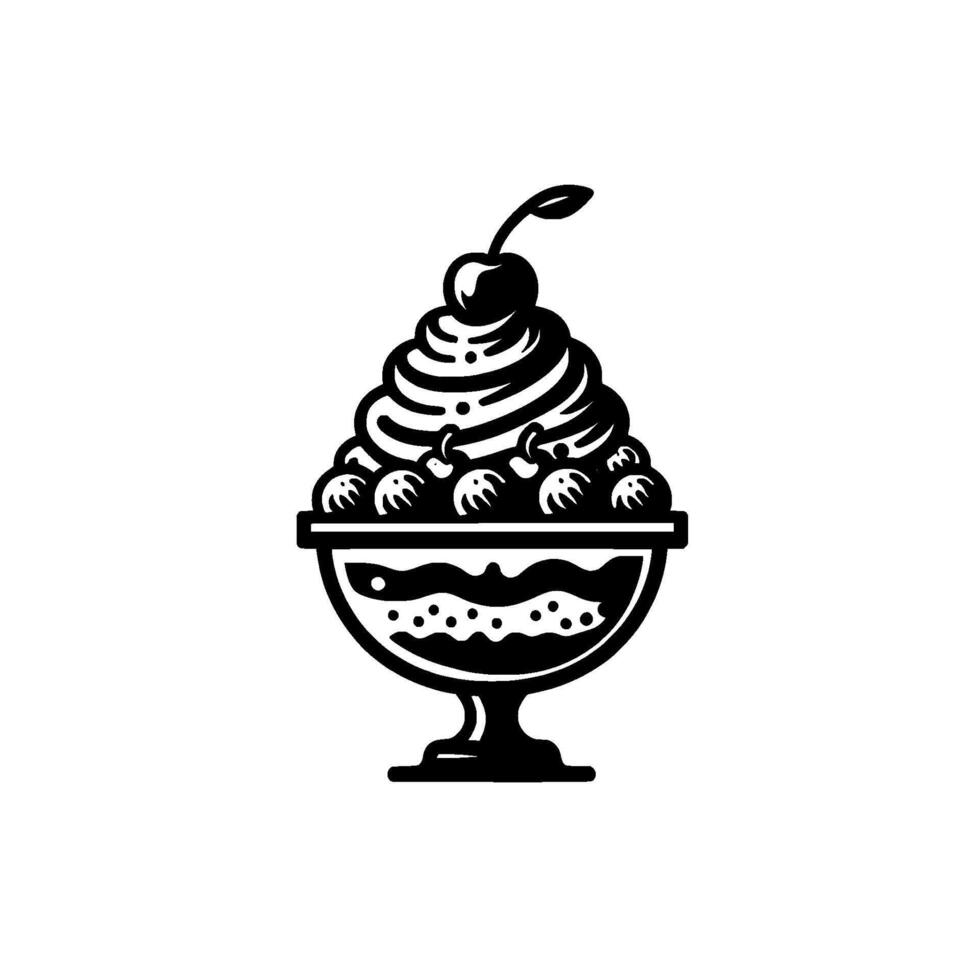 Elegant Black and White Dessert Illustration Sundae with Cream, Cherries, and Detailed Stemware vector