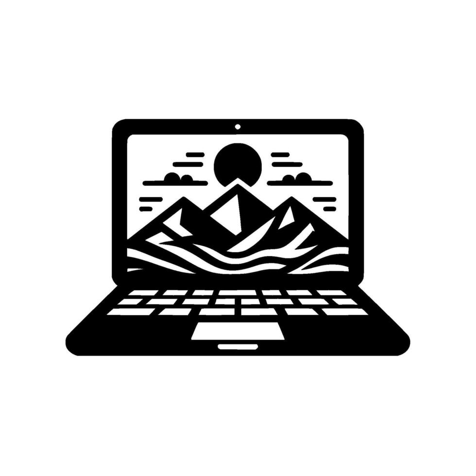 Black and White Laptop Illustration Mountain Landscape Displayed on Screen, Art , Digital Nomad Concept. vector