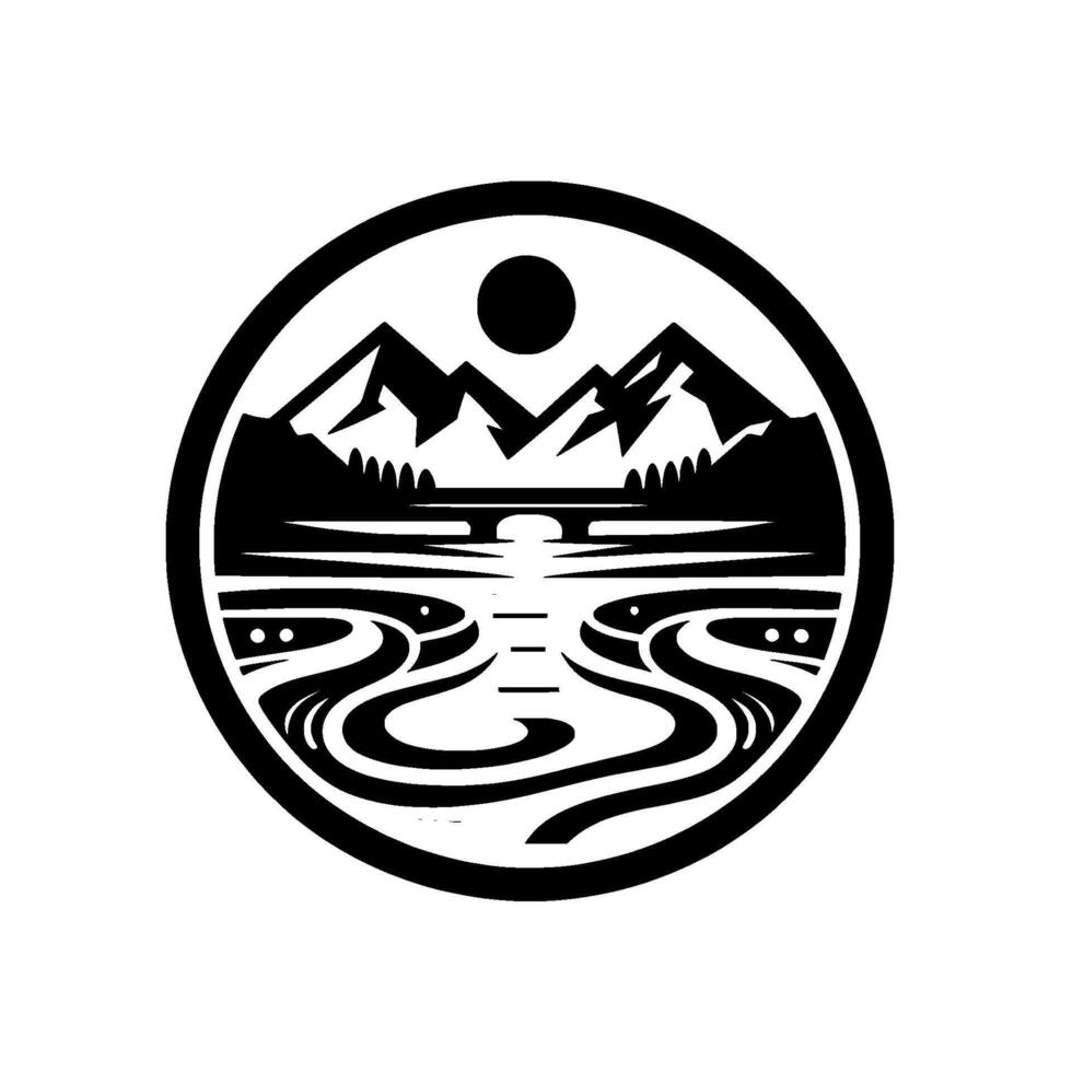 Black and White Circular Emblem of Mountains, River, Bridge and Sun, Serene Nature, Geometric vector