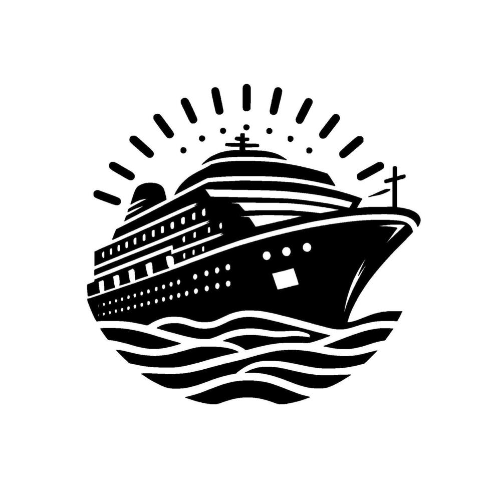 Stylized Black and White Cruise Ship Illustration with Wave Crests, Bursting Light Circle, and Nautical Cross for Maritime Travel. vector