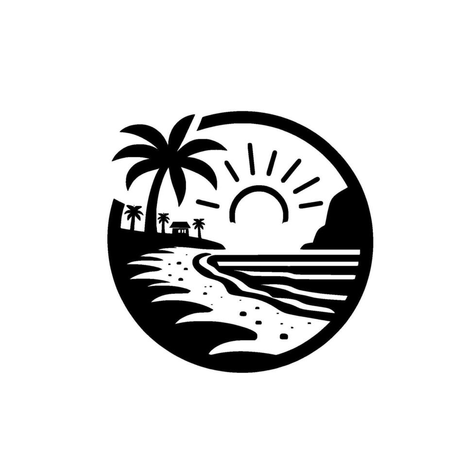 Silhouette Circle Tropical Beach Scene with Palm Trees, Sun, Shoreline, Waves, House, and Rocks. vector