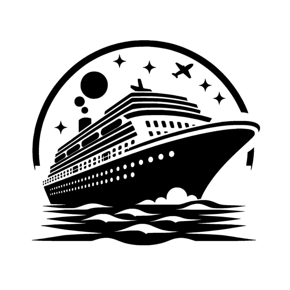 Stylized Black White Cruise Ship , Sailing on Waves, Under Stars Airplane Symbol, Circular . vector