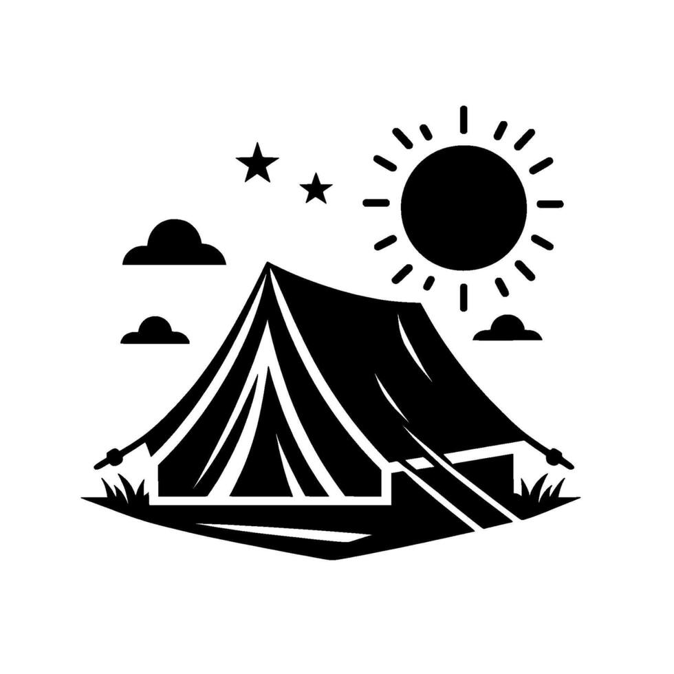 Black and White Camping Silhouette Tent in a grassy field under a radiant sun, two stars, and two clouds. vector
