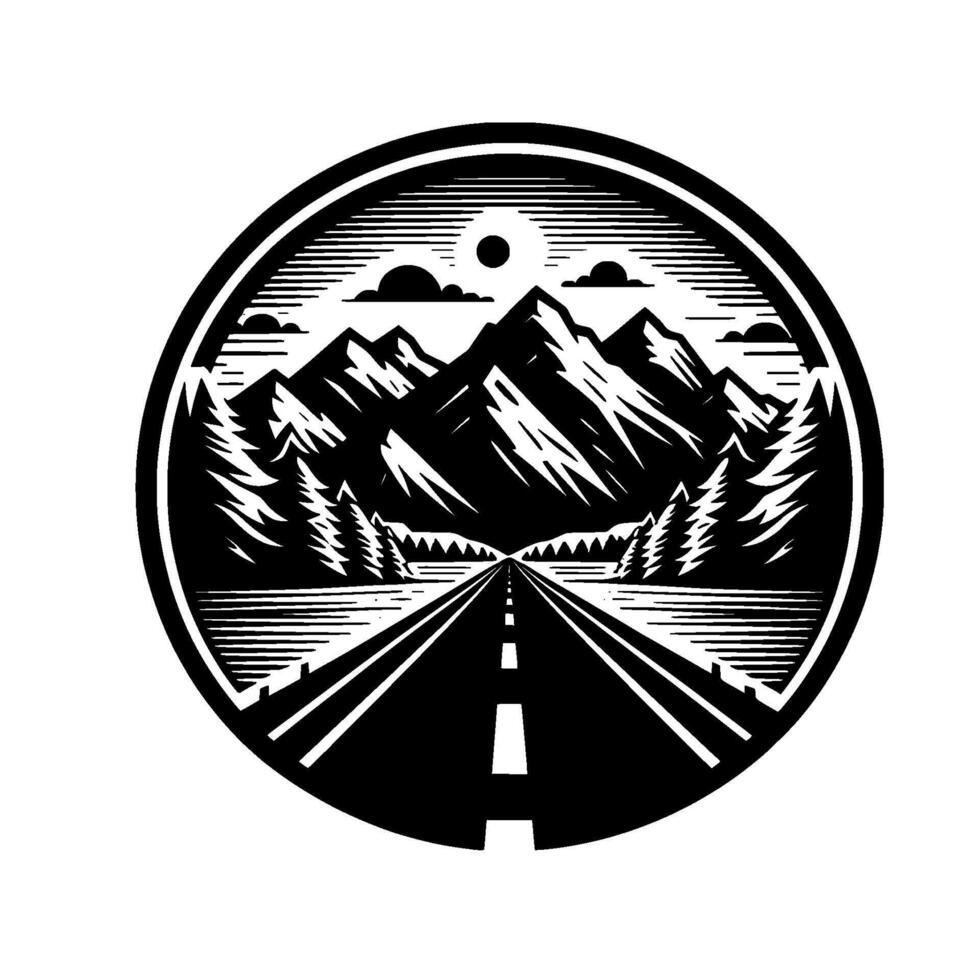 A circular black and white illustration depicting a mountain landscape with a road leading towards majestic peaks under a stylized sun and clouds, suggestive of adventure and travel. vector