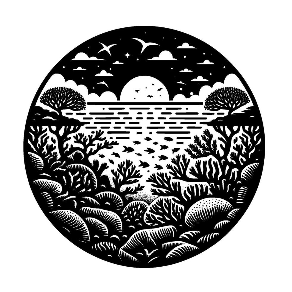 Black and white circular illustration of a coastal landscape with ocean, marine life, and trees, under a stylized sky with birds and sun. vector