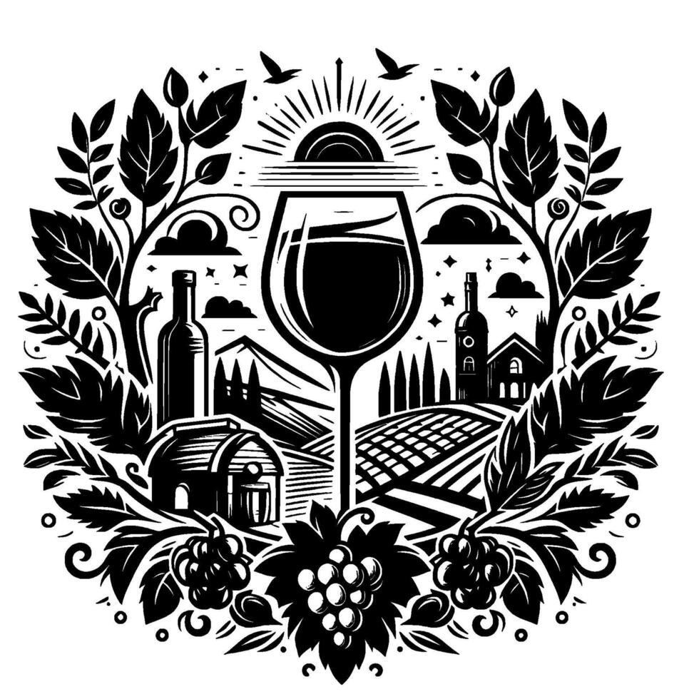 Stylized Black and White Illustration A wine glass centerpiece with vineyard, wine bottles, grapes, and foliate elements, framed by a circular . vector