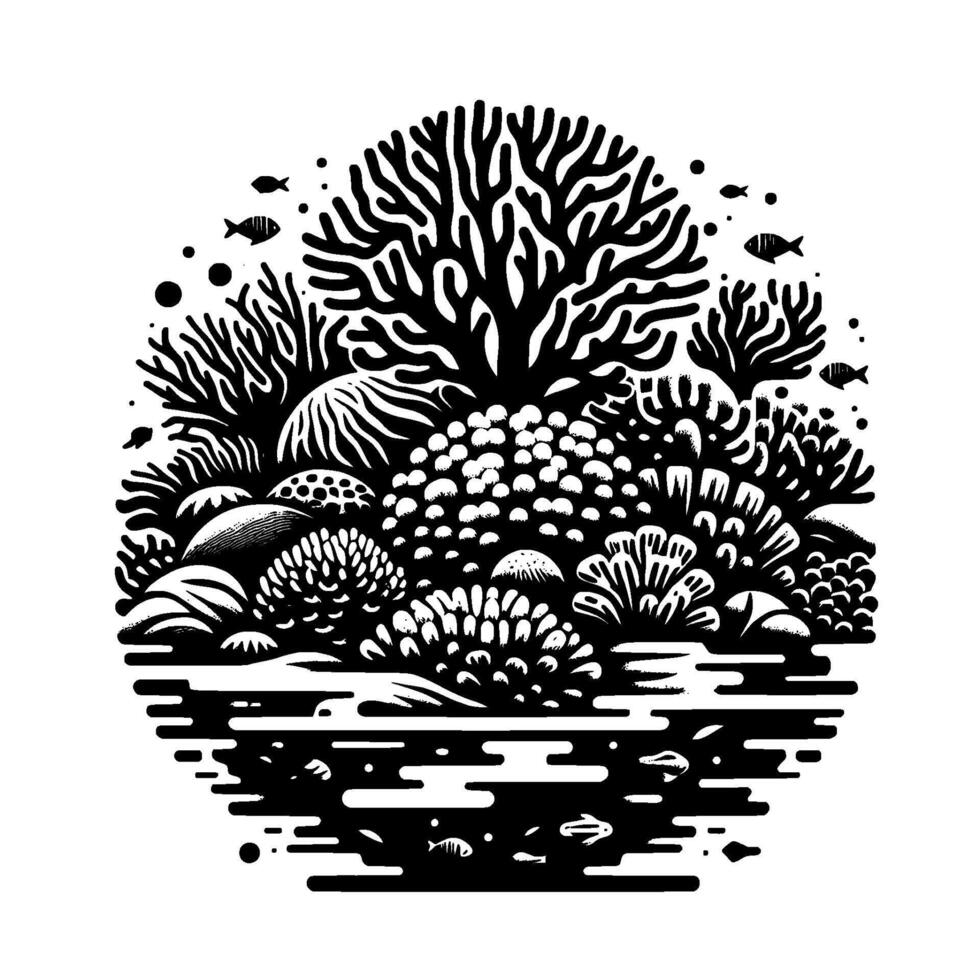 Monochromatic Coral Reef Ecosystem Stylized illustration depicting a diverse underwater scene with corals, fish, and rocks within a circular frame. vector