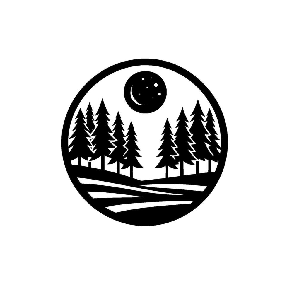 Stylized black and white circular illustration of a serene nighttime forest landscape with crescent moon and stars, and a peaceful atmosphere. vector