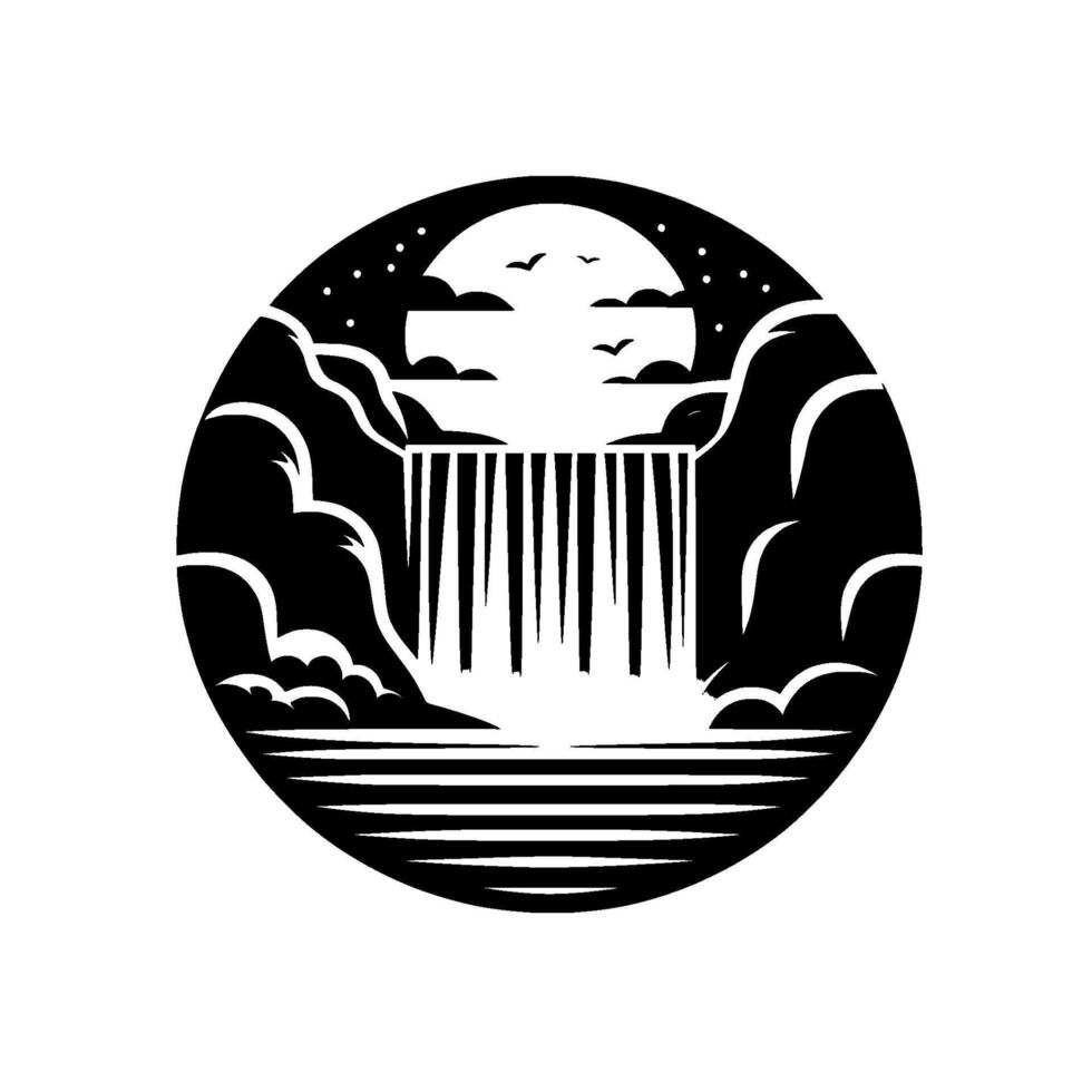 Black and white circular illustration depicts a waterfall cascading into a lake under a starry night sky with birds. vector