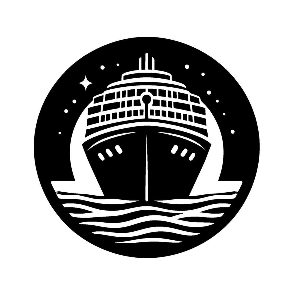 Minimalist Black and White Circular of a Cruise Ship, Surrounded by Stars and Sea, Ideal for Travel or Maritime Branding. vector