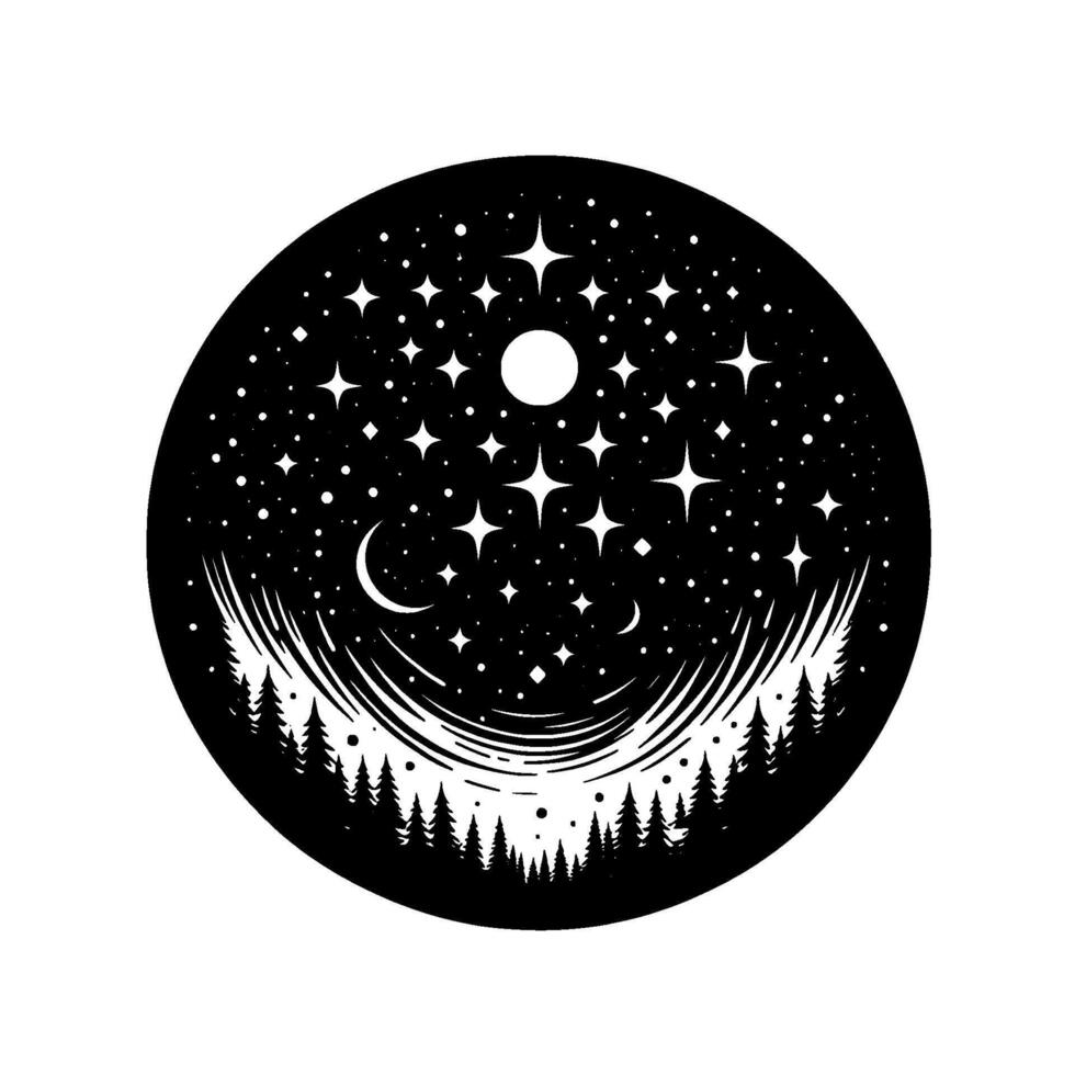 A Celestial Nightscape Encapsulated in a Circle, Featuring Stars, Moon, Crescent, and a Forest Silhouette. vector