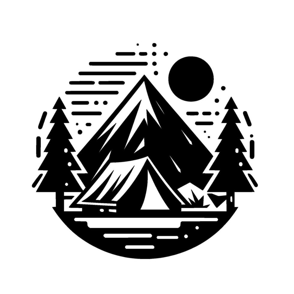 Black and white circular camping emblem featuring a mountain range, tent, pine trees, sun, and a minimalist style. vector