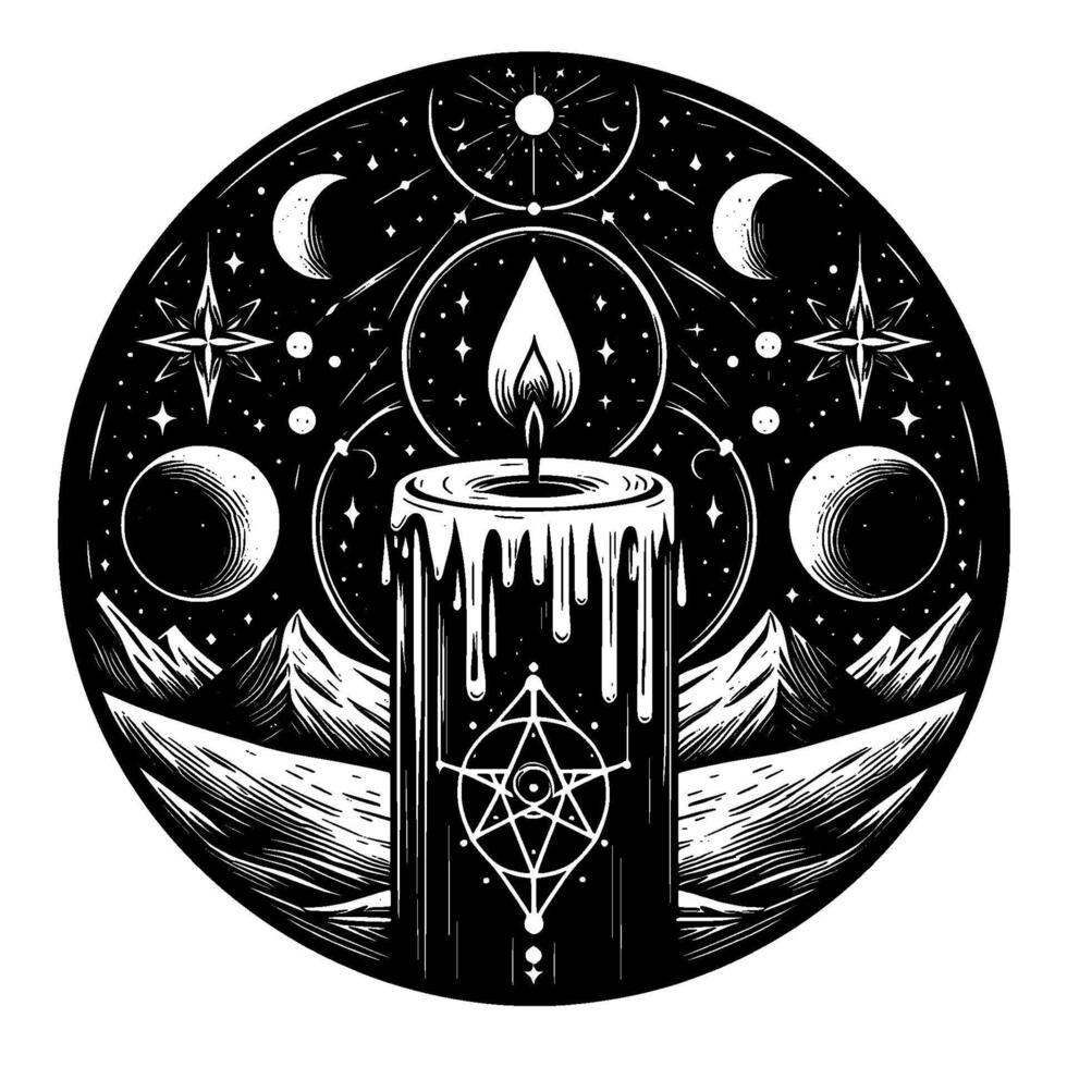 Mystical Celestial Candle Surrounded by Planets, Moons, Stars, and Mountains in a Detailed Black and White Mandala . vector