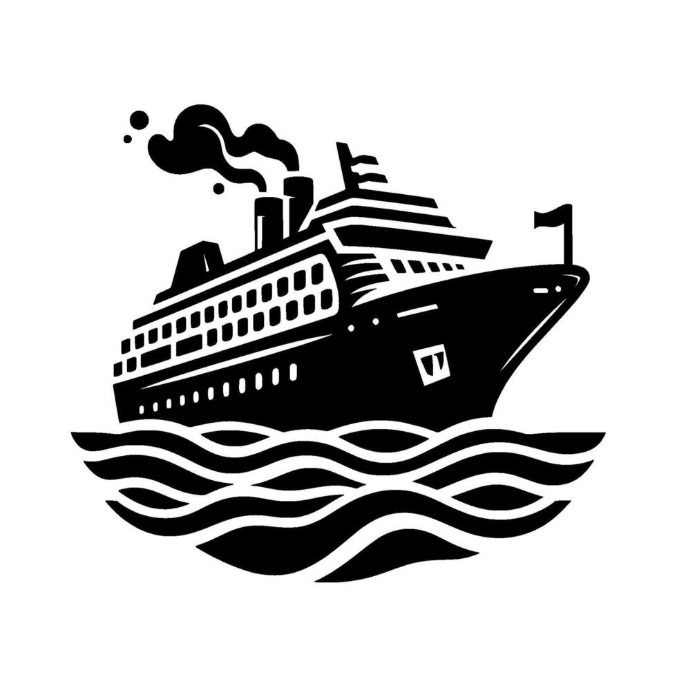 A bold, minimalist black and white illustration of a cruise ship sailing on wavy ocean water, emitting smoke. vector