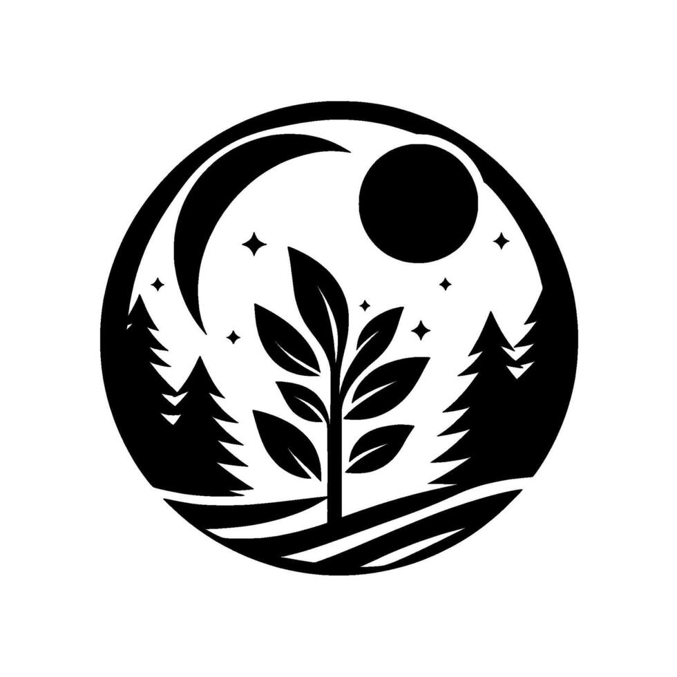Celestial Serenity A black and white circular illustration of a tree, moon, stars, and pine trees, evoking peace. vector
