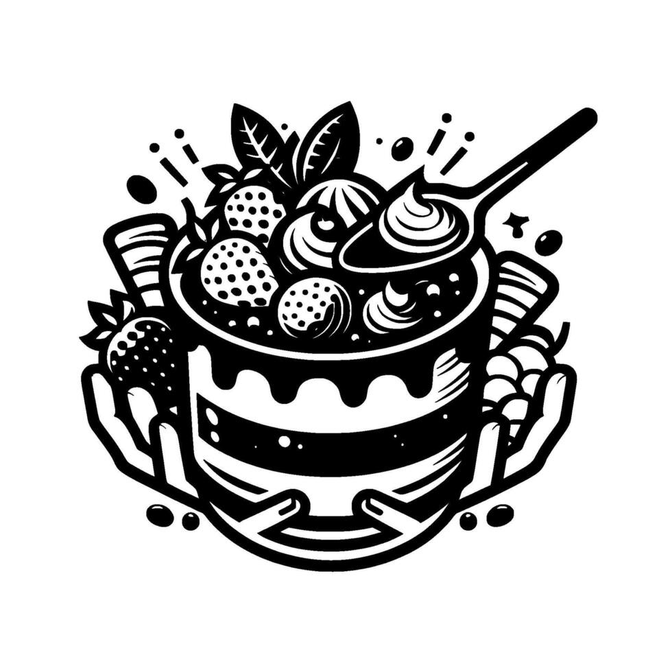 Artistic black and white illustration of a layered cake overflowing with strawberries, whipped cream, chocolate and held gently by stylized hands. vector