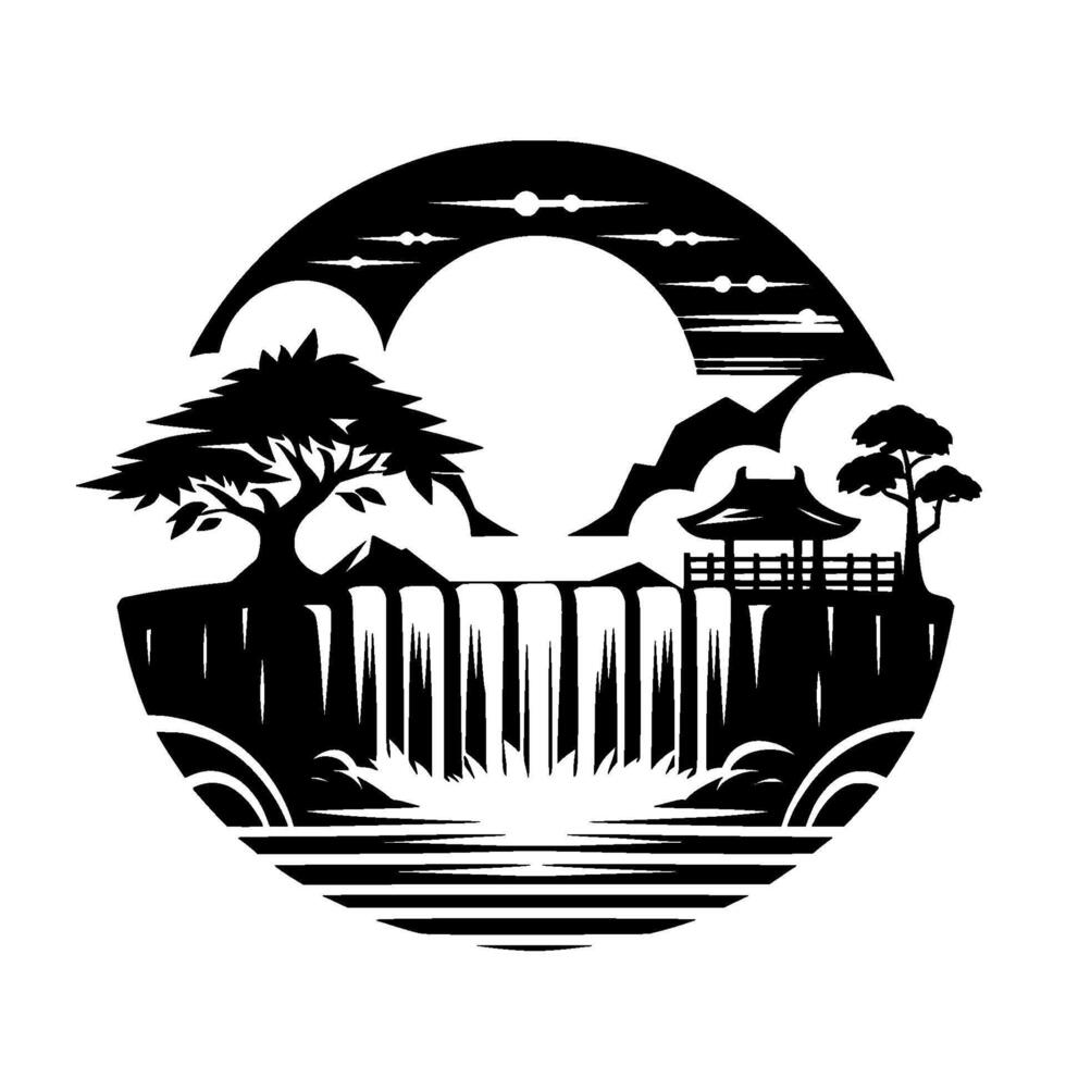 A serene black and white Japanese landscape encased in a circle waterfall, pagoda, trees, mountains, and serene sky. vector