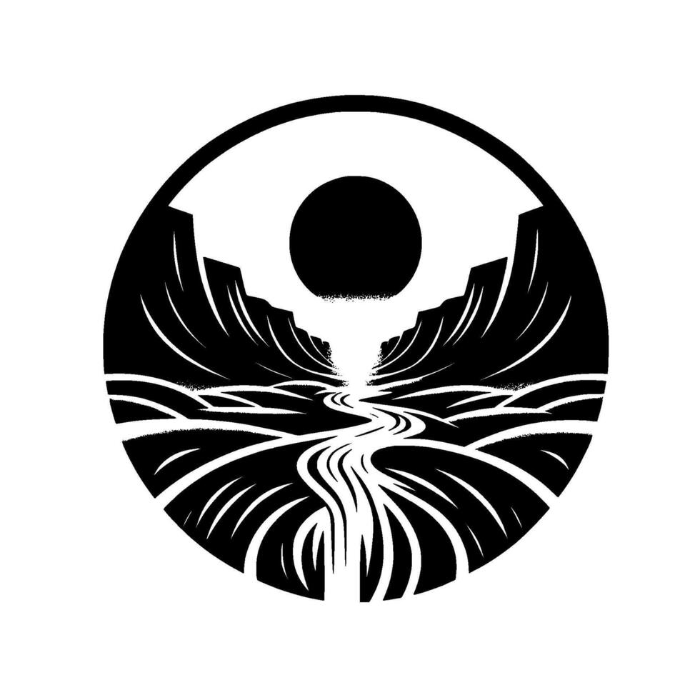 Monochromatic Landscape A stylized, circular artwork depicting a canyon, winding river, and dark sun, radiating stark contrast. vector