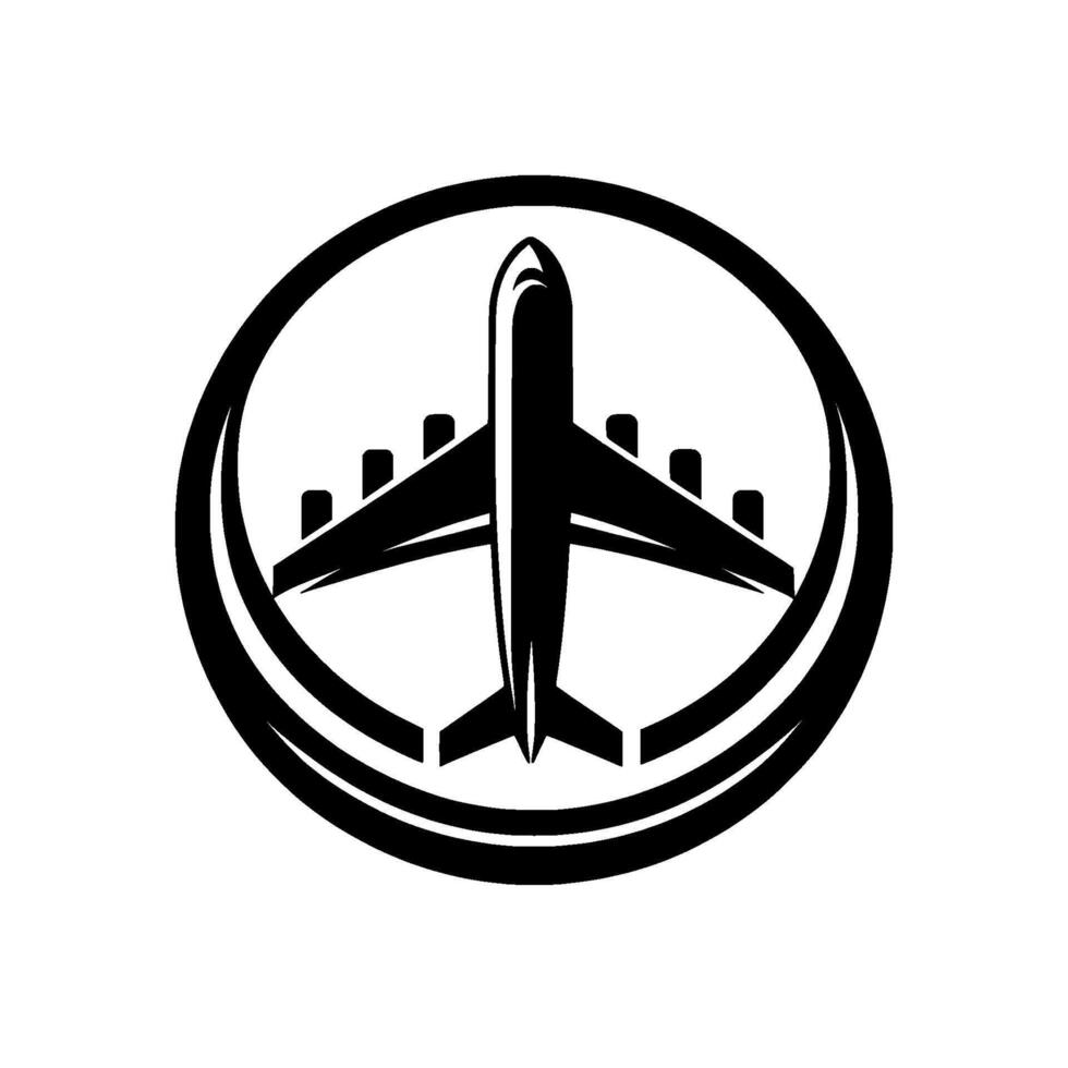 A minimalistic black and white airplane within a circular frame, embodying air travel simplicity. vector