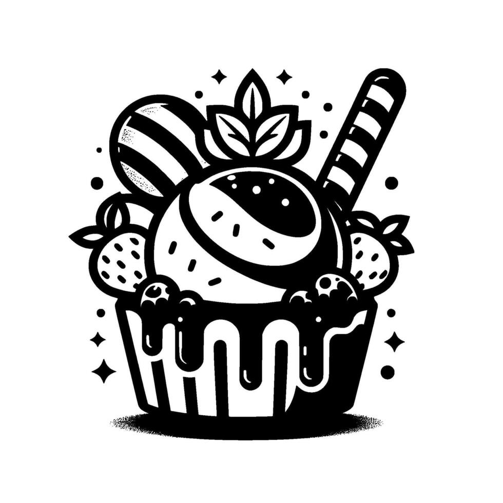 Stylized Black and White Illustration of a Gourmet Dessert Ice Cream Sundae with Berries, Chocolate, and a Wafer Stick, Adorned with Stars and Leaves. vector