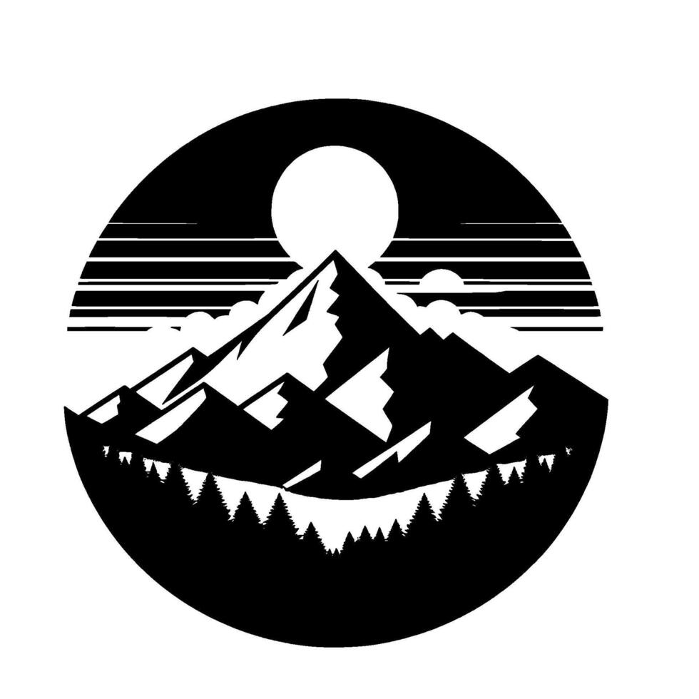 Monochromatic Circular Illustration Majestic Mountains, Forest Silhouette Under a Bright Sun, Geometric Lines and Clouds vector