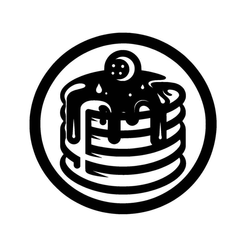 Stacked Pancakes with Drizzling Syrup, Topped with a Cherry, Within a Circular Black Border, Minimalist . vector
