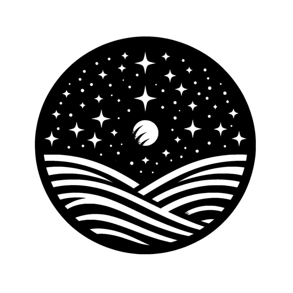 A minimalist, circular, black and white illustration depicting a stylized night sky with stars, a moon, and rolling hills. vector