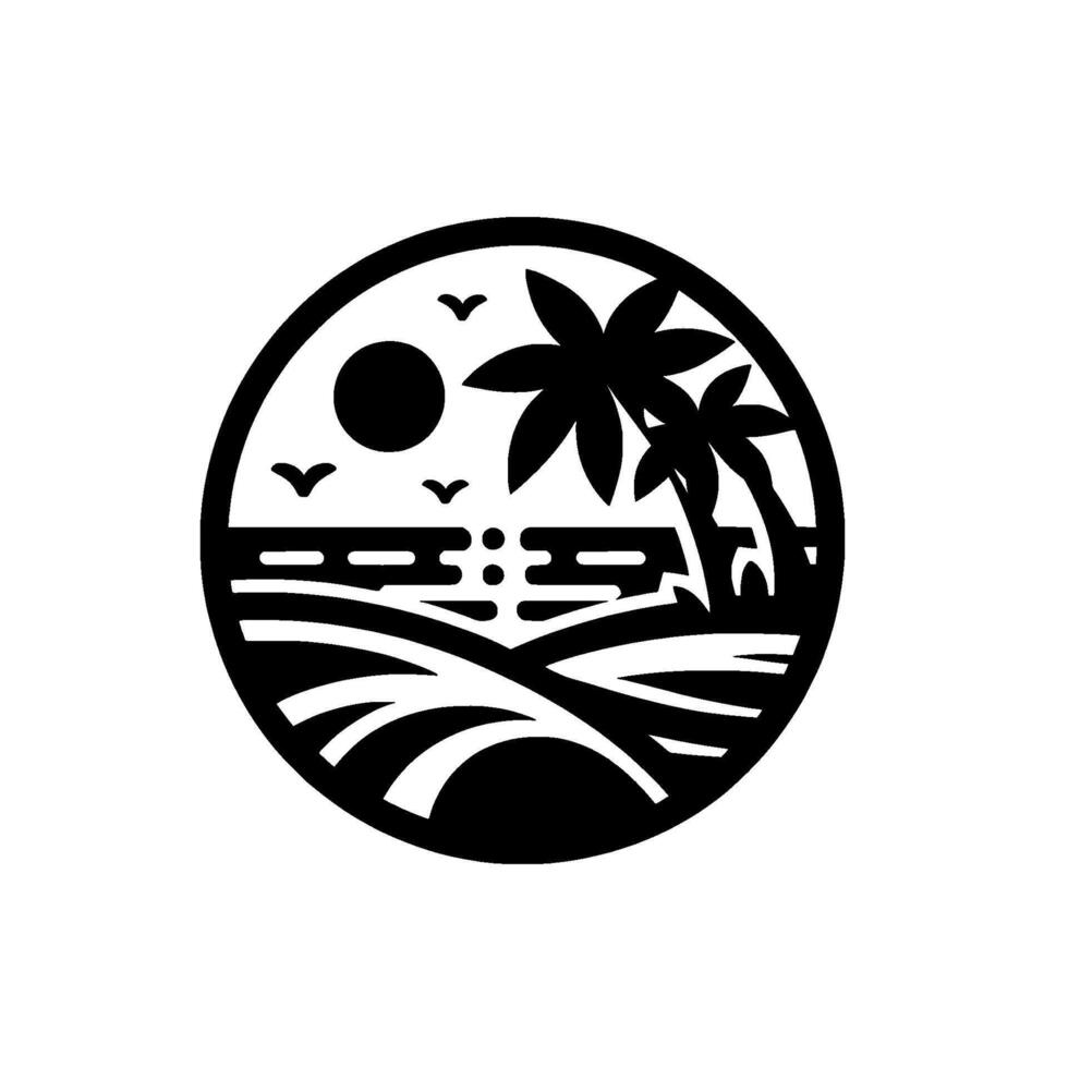 style circular black and white minimalist illustration of a tropical beach scene with sun, palm trees, waves, and birds. vector