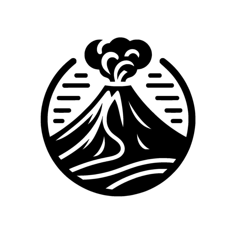 A minimalist black and white volcanic eruption emblem, showcasing mountain silhouette, smoke cloud, and circle frame. vector