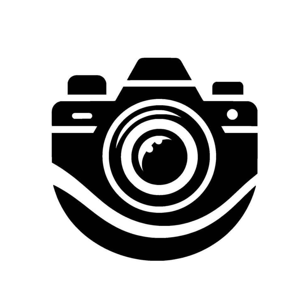 A stylized, monochromatic camera with a large lens, button details, and a curved bottom , all set against a plain white backdrop. vector