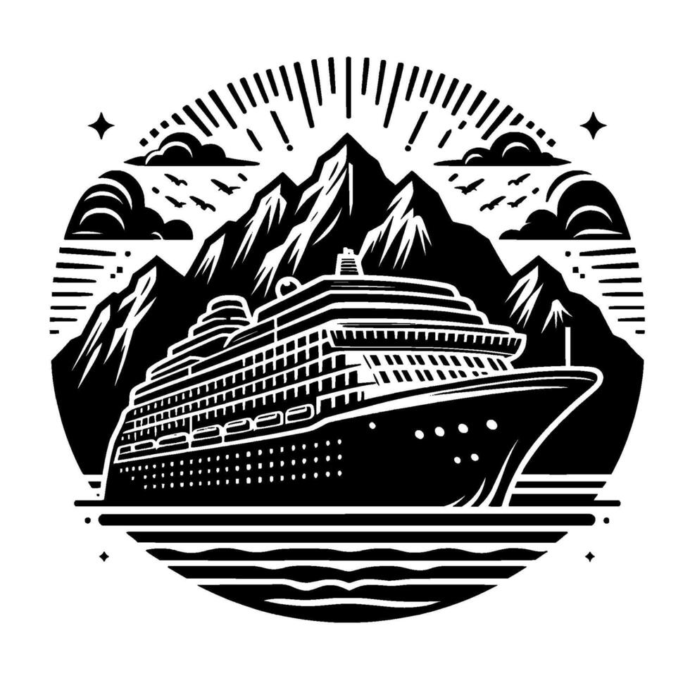 Bold Black and White Depicts a Cruise Ship Sailing Past Majestic Mountains, Under a Sky with Sunburst and Birds, in a Circular Composition. vector