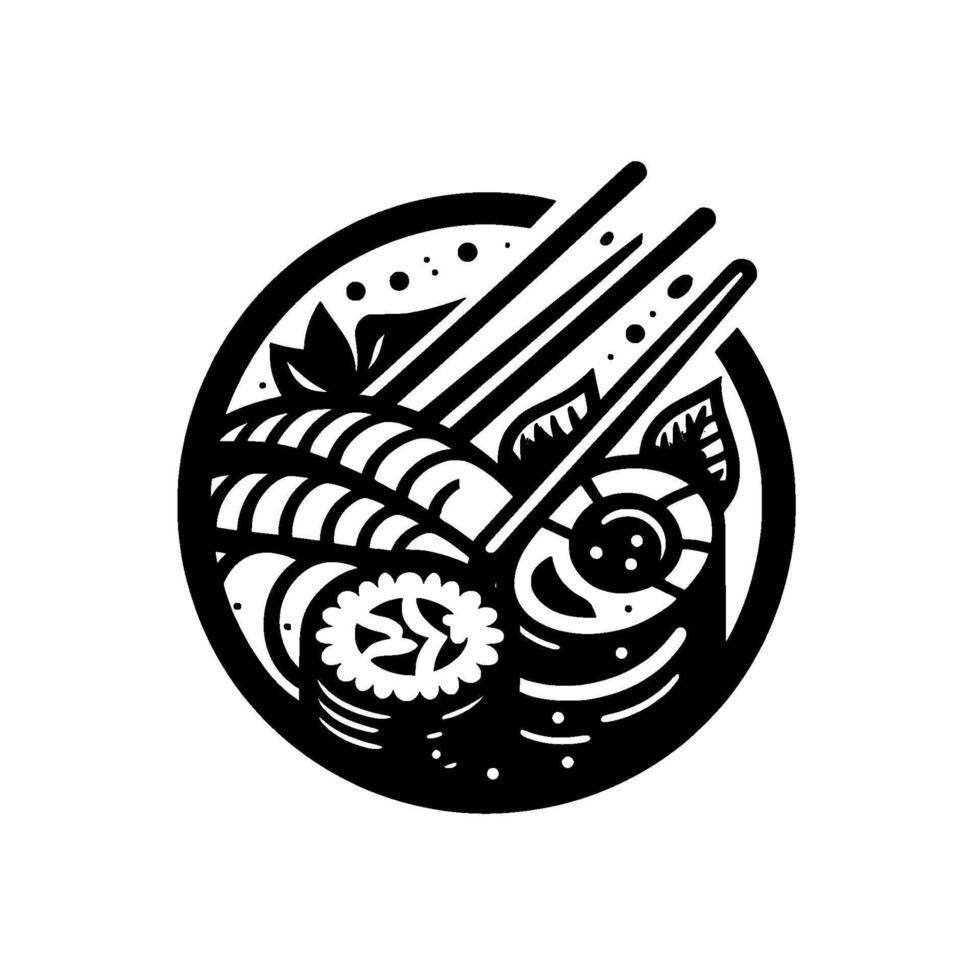 Illustration of a Sushi Assortment, Presented within a Circular Frame, Featuring Chopsticks and Minimalist Foliage. vector