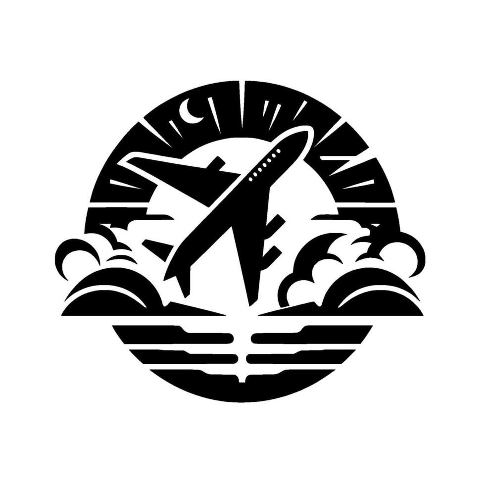 Circular Black and White Illustration of a Rising Airplane, Sun, Clouds, and Celestial Elements, Representing Flight and Adventure. vector