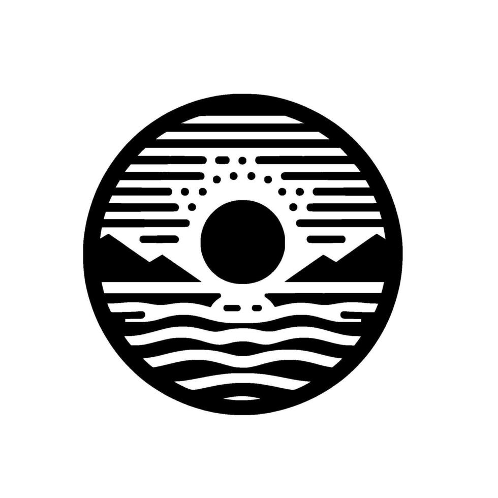 Minimalist black and white circular of a sunset over mountains and water, with dots representing clouds. vector