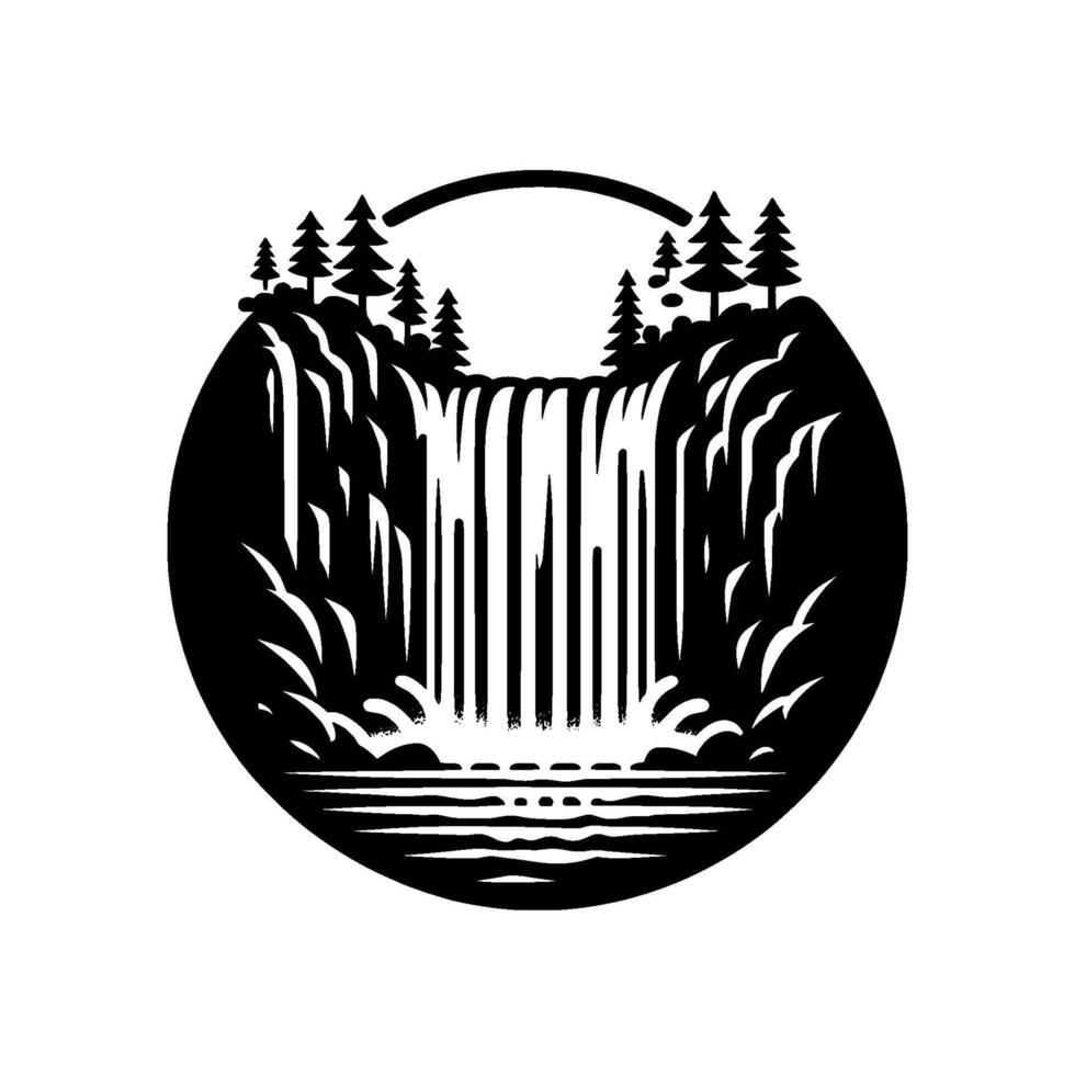 Black and White Illustration Waterfall Cascading in a Circular Frame, Framed by Trees and a Simplistic Rainbow. vector