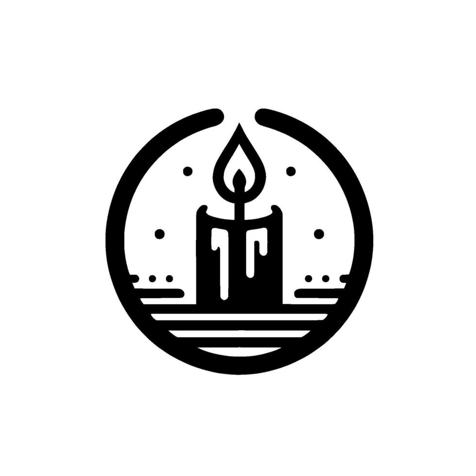 Minimalist Black White Circular Emblem of a Lit Candle, Emitting Light, Symbolic of Hope and Warmth. vector