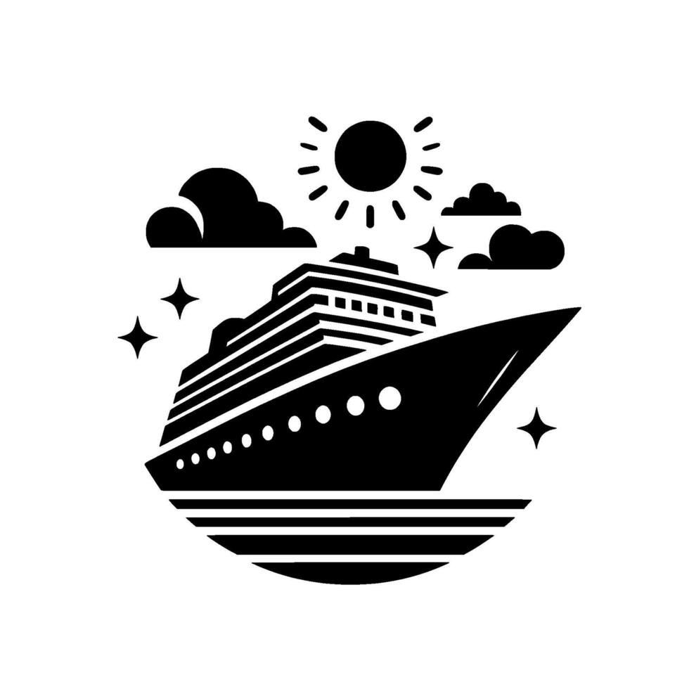 Stylized Black and White Cruise Ship with Sun, Clouds, Stars, and Ocean Waves A Nautical Illustration. vector