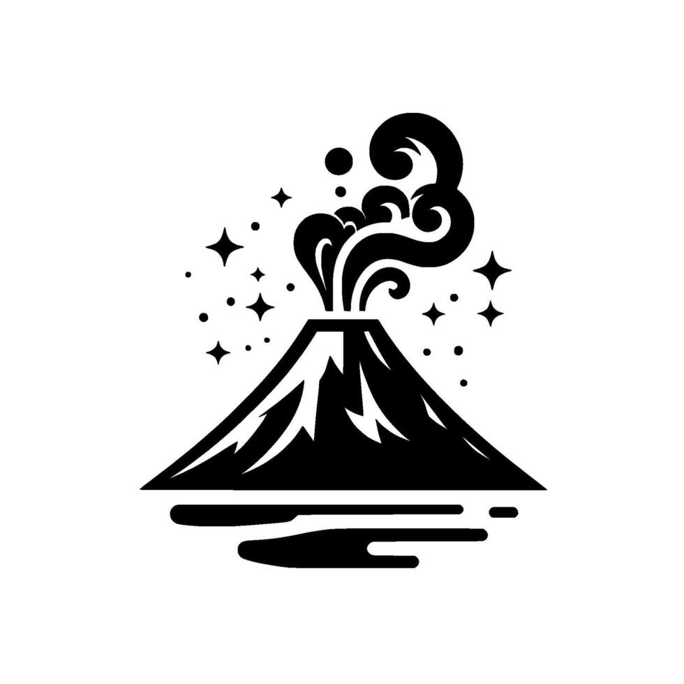 Stylized Black White Volcano Erupting Smoke with Sparkling Stars, Flat on White Background. vector