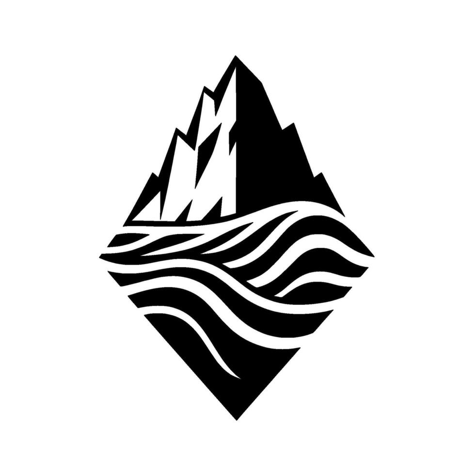 A stylized black and white illustration of mountains rising above wavy ocean waters, contained within a diamond shape. vector