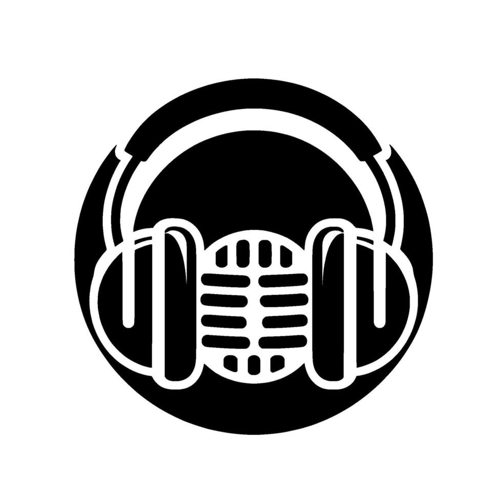 Minimalist black and white illustration of a microphone and headphones inside of a black circle. vector