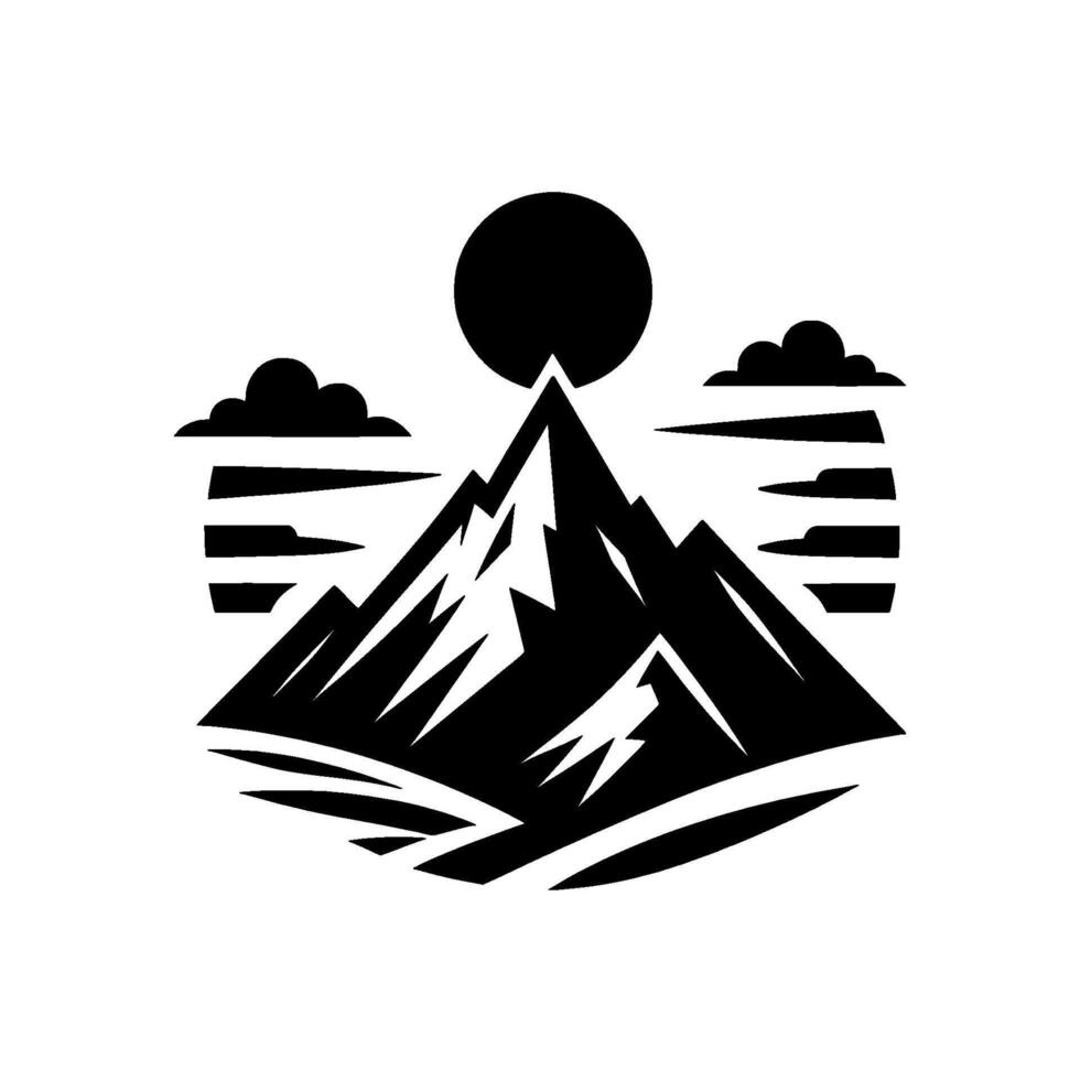 Minimalist Black and White Mountain Landscape with Sun and Cloud Elements for Nature, Outdoor, and Adventure Themes. vector