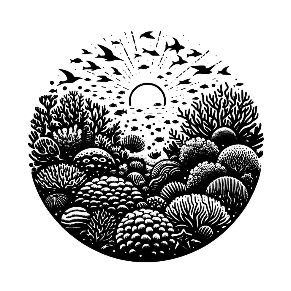 Intricate Black and White Circular Illustration Underwater Coral Reef Ecosystem with Sunlight, Birds, and Fish. vector