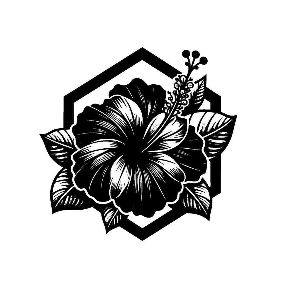 Bold Black and White Hibiscus Blossom Within a Hexagonal Frame, Detailed Floral Illustration, Perfect for Tattoos or Graphics. vector