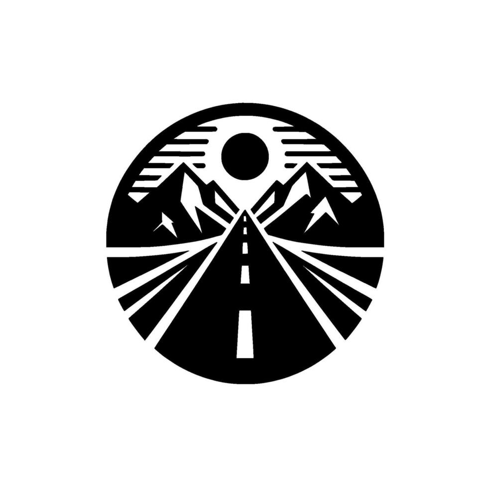 Stylized Black and White Road Through Mountains Beneath a Sun in Circular Frame, Minimalist Travel vector