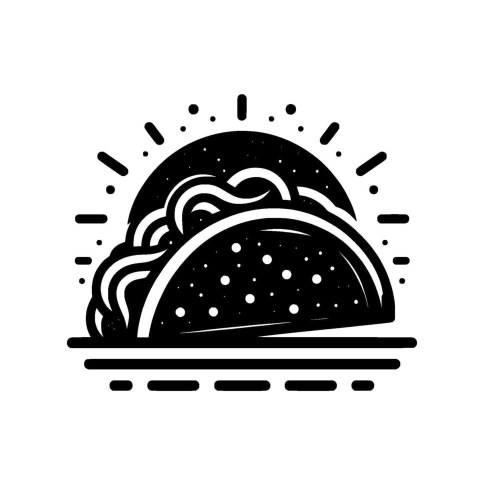 Simple, Black and White Illustration of a Delicious Taco with Filling, Set Against a Textured Dark Sky and Bright Sparks. vector