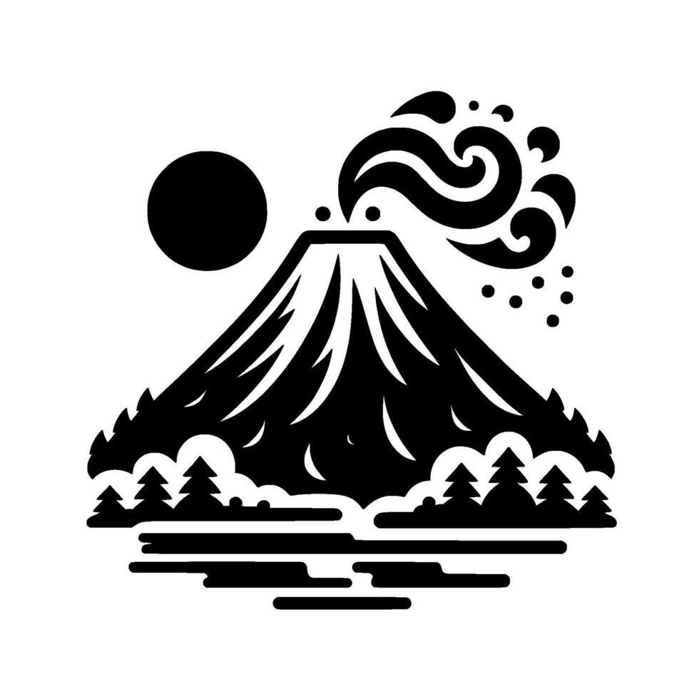 Stylized Silhouette Volcanic Mountain, Sun, Smoke, Trees, and Water, in a Bold Black and White Composition. vector