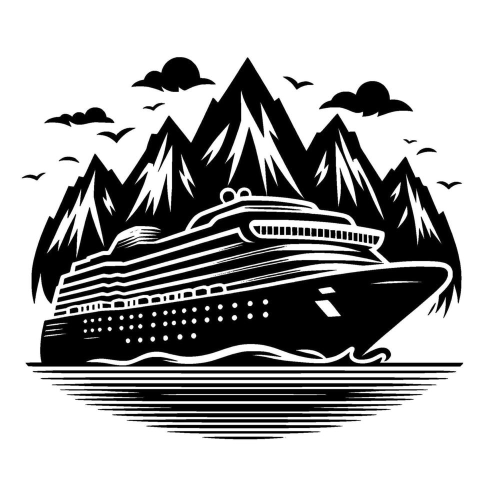 Stylized Black and White Cruise Ship Sailing Amidst Majestic Mountains, Clouds and Birds, a Nautical Illustration. vector