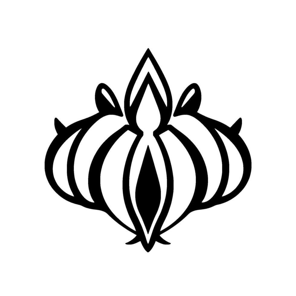 Bold Black and White Symmetric of an Abstract Floral Motif, resembling a bulb or stylized bud with sharp points and rounded elements. vector