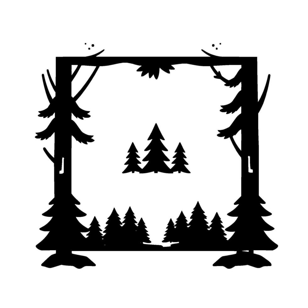 Silhouette Forest Scene Framed by Trees and Branches A minimalist illustration of woodland landscapes. vector